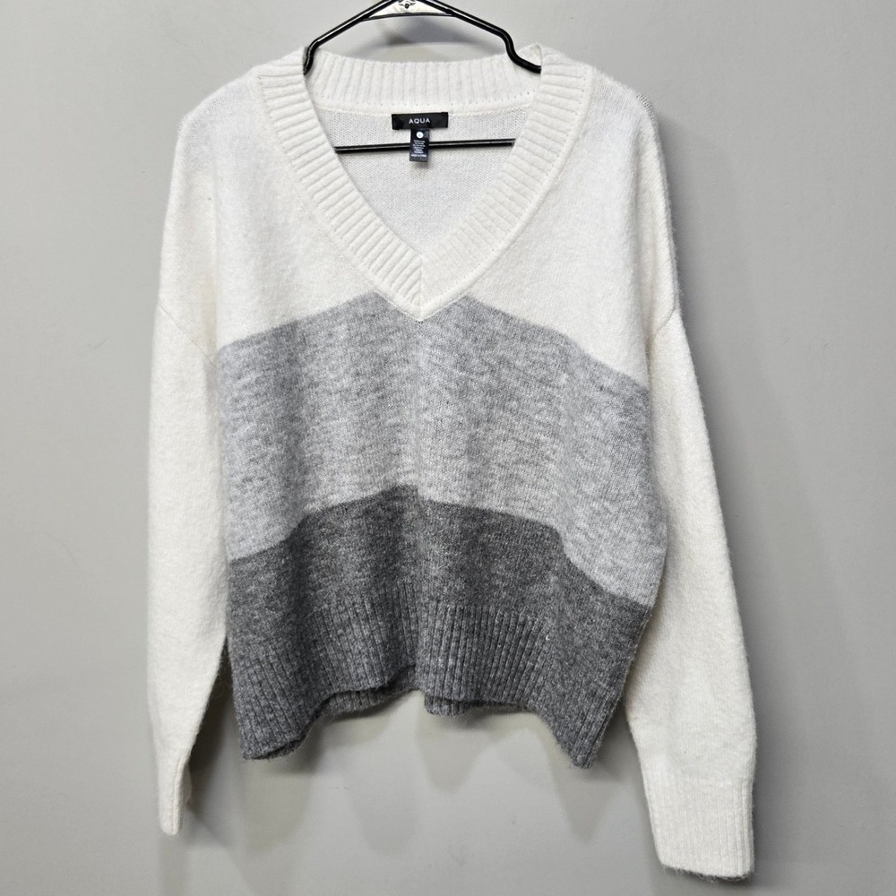 Aqua Pullover V Neck Sweater Large Color Block Stripe Fuzzy Relaxed Slouchy Cozy